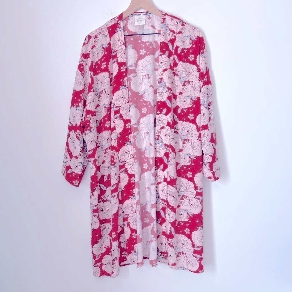 Knox Rose Bohemian Red Kimono Floral Print Long Sleeve Open Front M / L